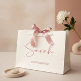 Luxury personalised bridesmaid gift bag with satin pink bow and custom name