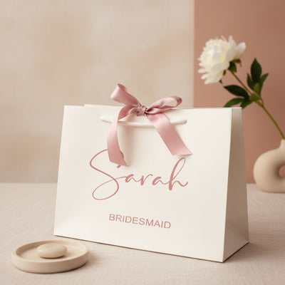 Luxury personalised bridesmaid gift bag with satin pink bow and custom name
