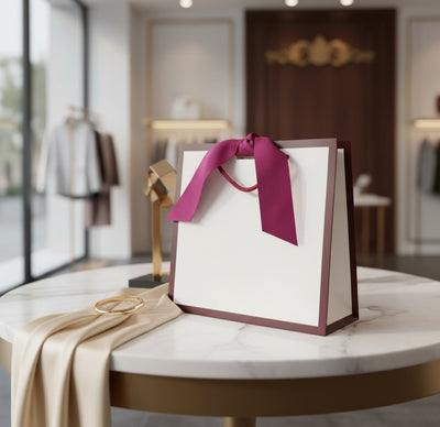 Burgundy Edge Matt Laminated Luxury Gift Bags with Ribbon | Small - 230x220x90mm