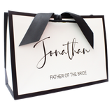 Personalised wedding gift bag with black ribbon and custom name for bridal party gifting