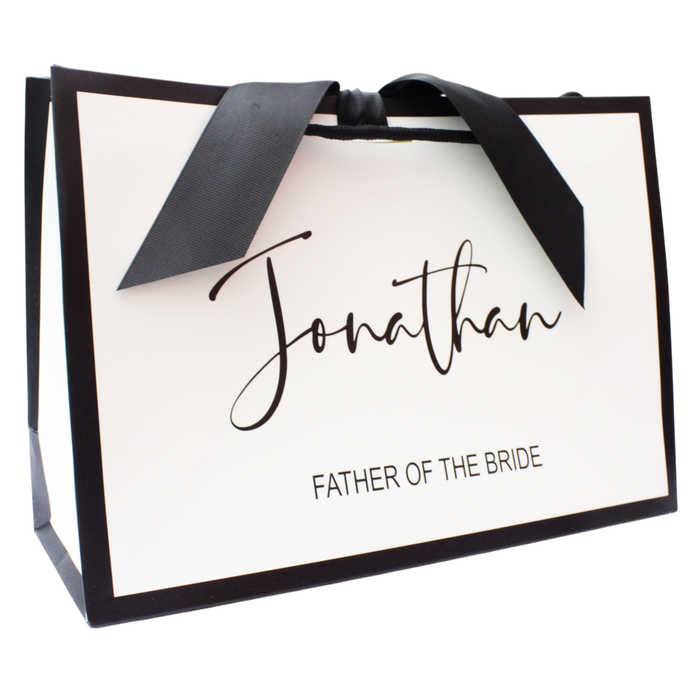 Personalised wedding gift bag with black ribbon and custom name for bridal party gifting