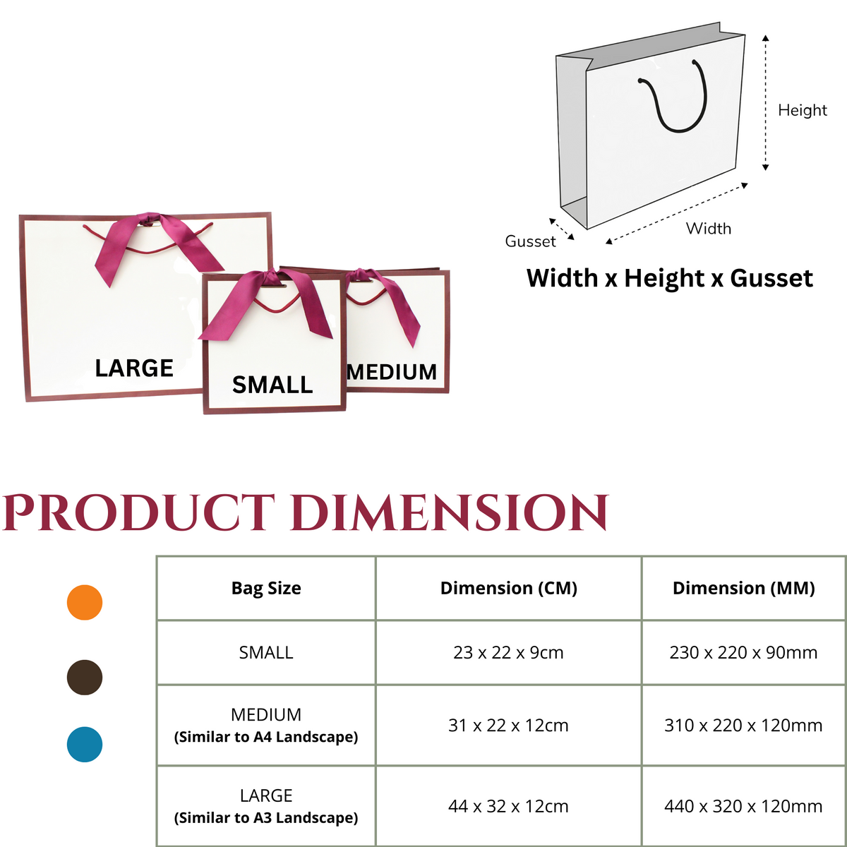 Burgundy Edge Matt Laminated Luxury Gift Bags with Ribbon Medium 310x220x120mm